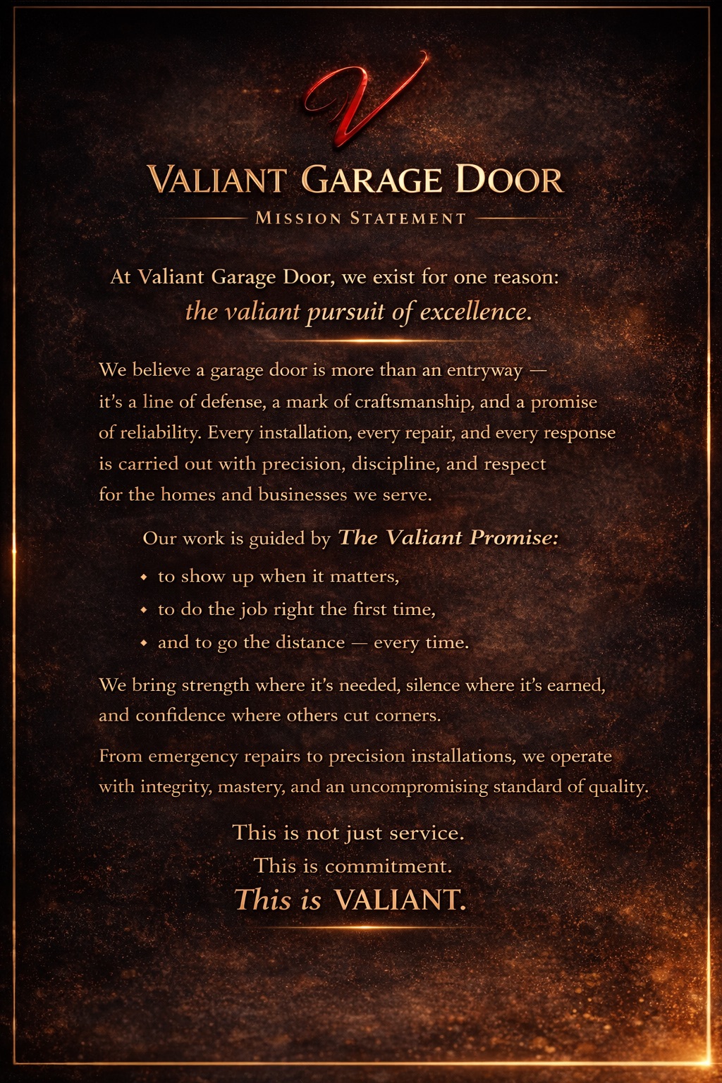 Valiant Garage Door mission statement card